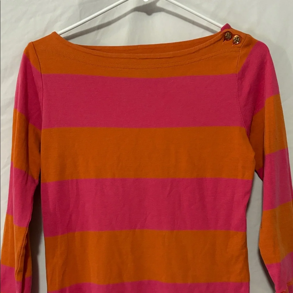 Tory Burch Wide Striped Pima Cotton Boatneck Top in Orange and Pink